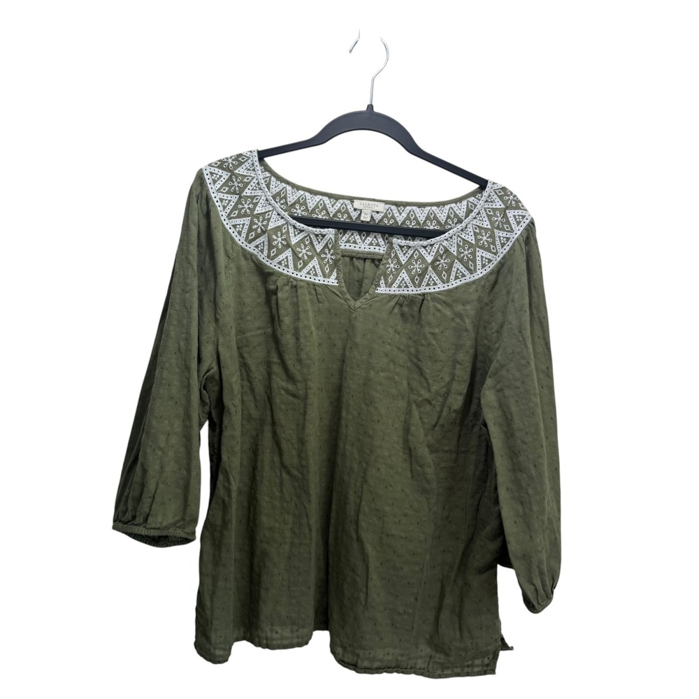 Talbots Embroidered Peasant Boho Tunic Top Sz 1X Cotton Olive Green Festival
